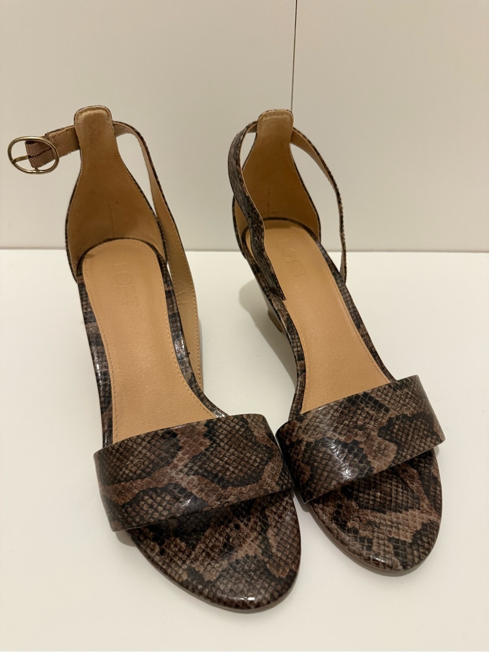 Loft Brown Snake-Print Wedge Ankle Strap Sandals